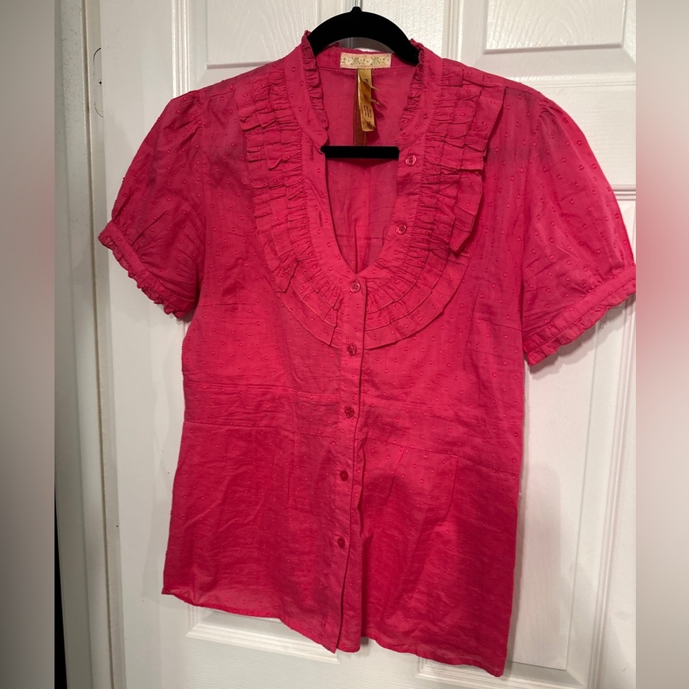 Andrew & Co size L  Ruffle Pleated Pink Cotton Button Front Summer Top